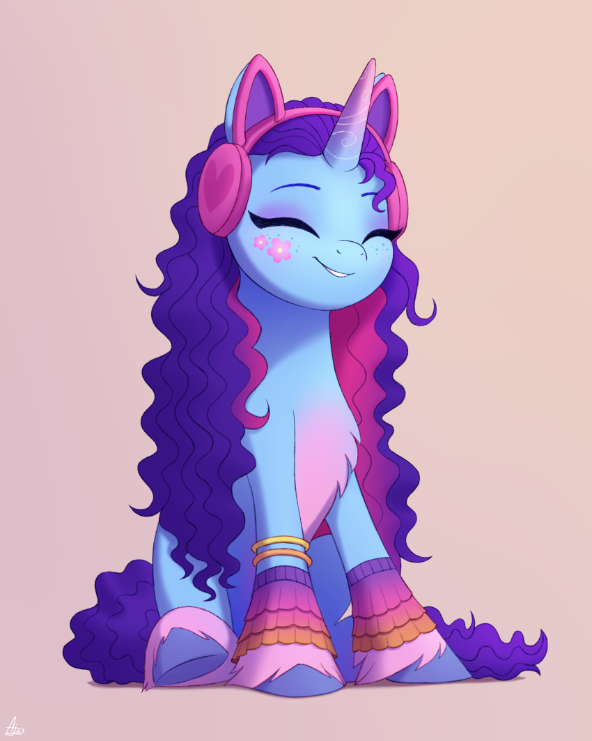 absurd_res blue_body blue_fur bracelet clothing curled_hair equid equine female fetlocks fur hair hasbro headphones hi_res hooves horn jewelry leg_warmers legwear long_hair luminousdazzle mammal misty_(g5) mlp_g5 my_little_pony pink_body pink_fur solo unicorn