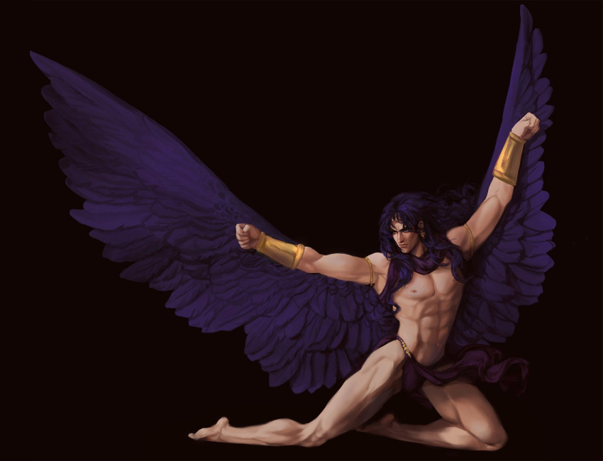 1boy armlet armpits bare_pectorals bare_shoulders battle_tendency bracer bulge bussiarati clothes_lift feathered_wings full_body gold highres jojo_no_kimyou_na_bouken kars_(jojo) long_hair looking_to_the_side male_focus muscular muscular_male on_one_knee pectorals pelvic_curtain pelvic_curtain_lift realistic solo spread_wings thick_eyebrows wind wings