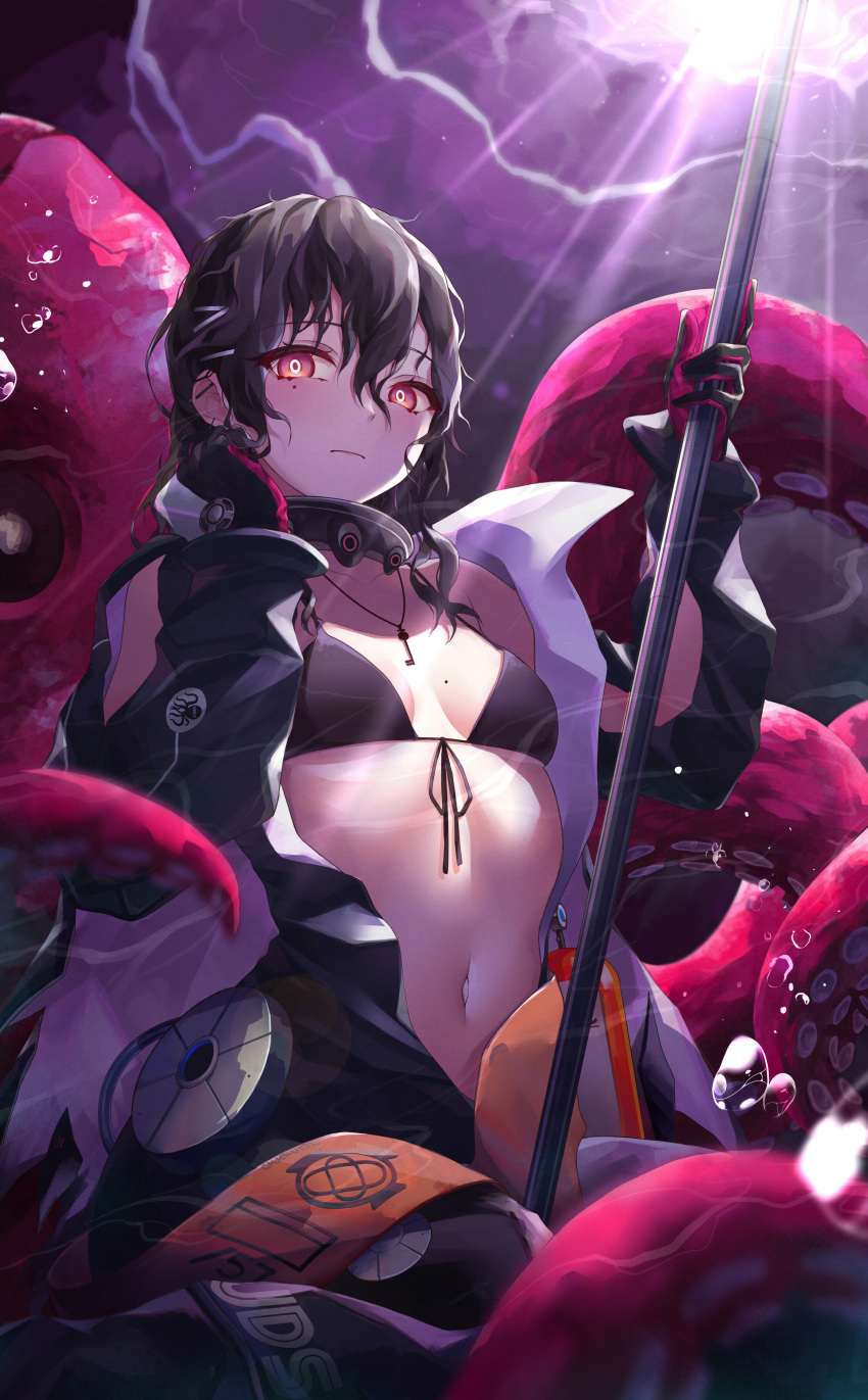 1girl absurdres bikini bikini_top_only black_bikini breasts brown_hair bubble cleavage collar diving_suit ear_piercing english_commentary girls'_frontline girls'_frontline_neural_cloud hair_between_eyes hatsuchiri_(girls'_frontline_nc) highres holding holding_weapon jewelry key_necklace long_hair looking_at_viewer metal_collar mole mole_on_breast mole_under_eye navel necklace open_wetsuit piercing polearm red_eyes small_breasts solo stomach swimsuit tentacles upper_body van.elv weapon wet wet_hair
