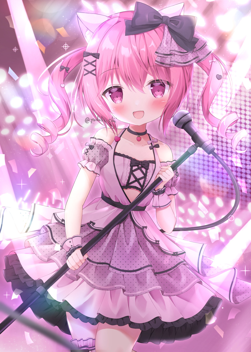 1girl absurdres animal_ears cat_ears commission copyright_request detached_sleeves dress hair_between_eyes hair_ornament hairpin highres idol maisaki_berry off_shoulder pink_dress pink_eyes pink_hair skeb_commission solo virtual_youtuber yuduki_pdx