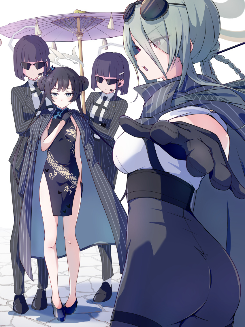 4girls absurdres black_dress black_gloves black_hair blue_archive braid butterfly_hair_ornament china_dress chinese_clothes coat coat_on_shoulders double_bun dragon_print dress earpiece eyewear_on_head formal gloves green_hair hair_bun hair_ornament highres kisaki_(blue_archive) long_hair mina_(blue_archive) mosuke1221 multiple_girls pinstripe_jacket pinstripe_pattern pinstripe_suit print_dress red_eyes short_hair striped suit sunglasses twintails umbrella