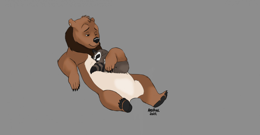 ambiguous_gender arf-fra bear brown_bear cuddling duo feral grizzly_bear hair hi_res kuruk_(character) male male/ambiguous mammal mane mane_hair pawpads paws procyonid raccoon size_difference sleeping sleeping_on_another sleeping_together third-party_edit ursine