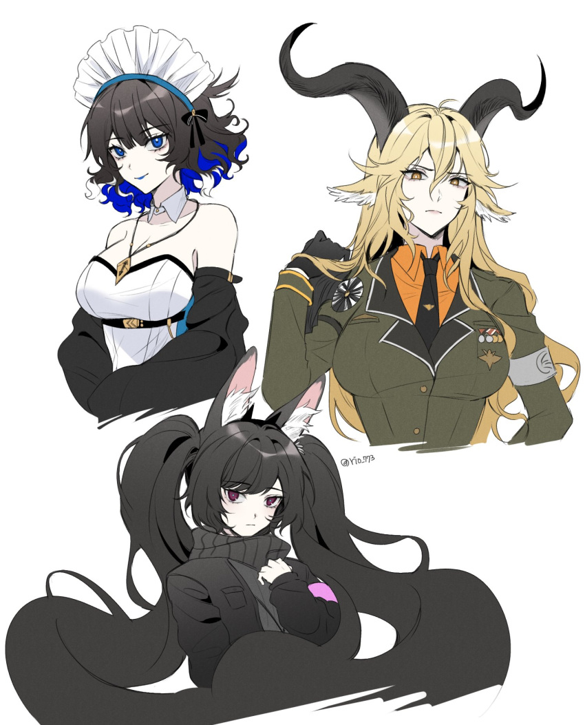 3girls animal_ear_fluff animal_ears arknights armband badge bare_shoulders black_gloves black_hair black_jacket black_necktie blonde_hair blue_eyes blue_hair blue_lips breasts cleavage closed_mouth collared_shirt degenbrecher_(arknights) detached_collar detached_sleeves dress gloves goat_ears goat_girl goat_horns highres horns jacket jewelry kjera_(arknights) kjera_(ingenious_servant)_(arknights) large_breasts long_hair long_sleeves looking_at_viewer maid_headdress military_jacket monch_(arknights) multicolored_hair multiple_girls necklace necktie official_alternate_costume open_clothes open_jacket orange_eyes orange_shirt purple_eyes rio_(rio773) shirt short_hair simple_background smile strapless strapless_dress turtleneck twitter_username very_long_hair white_background white_dress white_hair