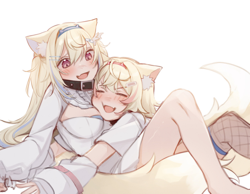 2girls :d absurdres animal_ear_fluff animal_ears belt_collar black_collar blue_hair blush breasts closed_eyes collar dog_ears dog_girl dog_tail dress fang fangs fuwawa_abyssgard hand_on_another's_chest highres hololive hololive_english large_breasts long_hair medium_hair mittsu mococo_abyssgard multicolored_hair multiple_girls open_mouth pink_eyes pink_hair shirt siblings single_fishnet_legwear sisters skin_fang skin_fangs small_breasts smile spiked_collar spikes streaked_hair tail twins virtual_youtuber white_background white_dress white_shirt