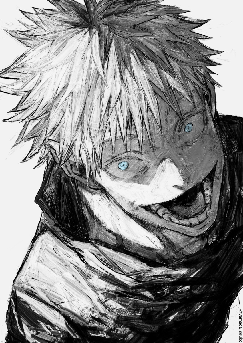 1boy :d blue_eyes crazy_smile gojou_satoru greyscale highres jacket jujutsu_kaisen kuwoniagyu11112 looking_at_viewer male_focus monochrome open_mouth short_hair simple_background smile solo spot_color twitter_username upper_body