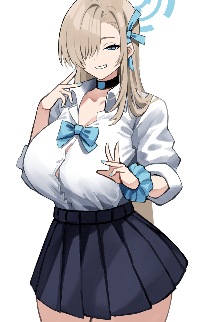 1girl absurdres asuna_(blue_archive) black_skirt blue_archive blue_eyes blue_ribbon blush breasts choker cleavage collarbone collared_shirt dress_shirt grin hair_over_one_eye hair_ribbon halo highres imuzi large_breasts light_brown_hair long_hair looking_at_viewer pleated_skirt ribbon scrunchie shirt skirt sleeves_rolled_up smile solo thighs v very_long_hair white_shirt wrist_scrunchie