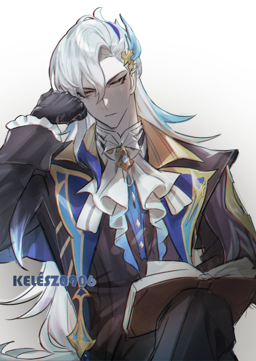 1boy ascot black_coat black_gloves black_pants blue_gemstone blue_hair book coat frilled_sleeves frills gem genshin_impact gloves grey_eyes grey_hair highres kelesz0906 long_hair male_focus multicolored_hair neuvillette_(genshin_impact) pants sitting solo streaked_hair white_ascot