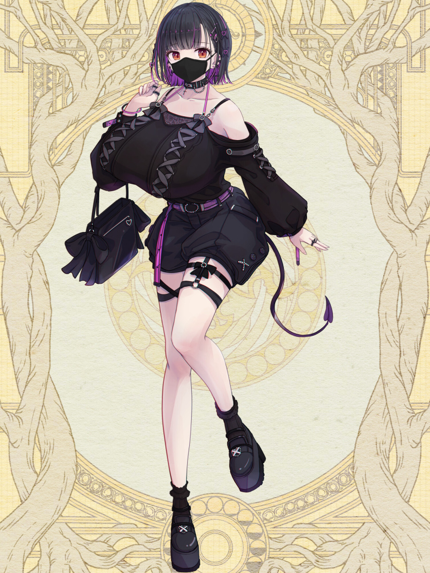 1girl bag belt black_bow black_choker black_shorts bow bracelet breasts choker colored_inner_hair cross-laced_clothes dairoku_ryouhei demon_tail full_body hair_ornament hairclip handbag highres hoi_(tw) huge_breasts jewelry long_sleeves looking_at_viewer mask mouth_mask multicolored_hair pink_bracelet platform_footwear red_eyes ring shidai_ayako shorts solo standing standing_on_one_leg streaked_hair tail thigh_strap yellow_background