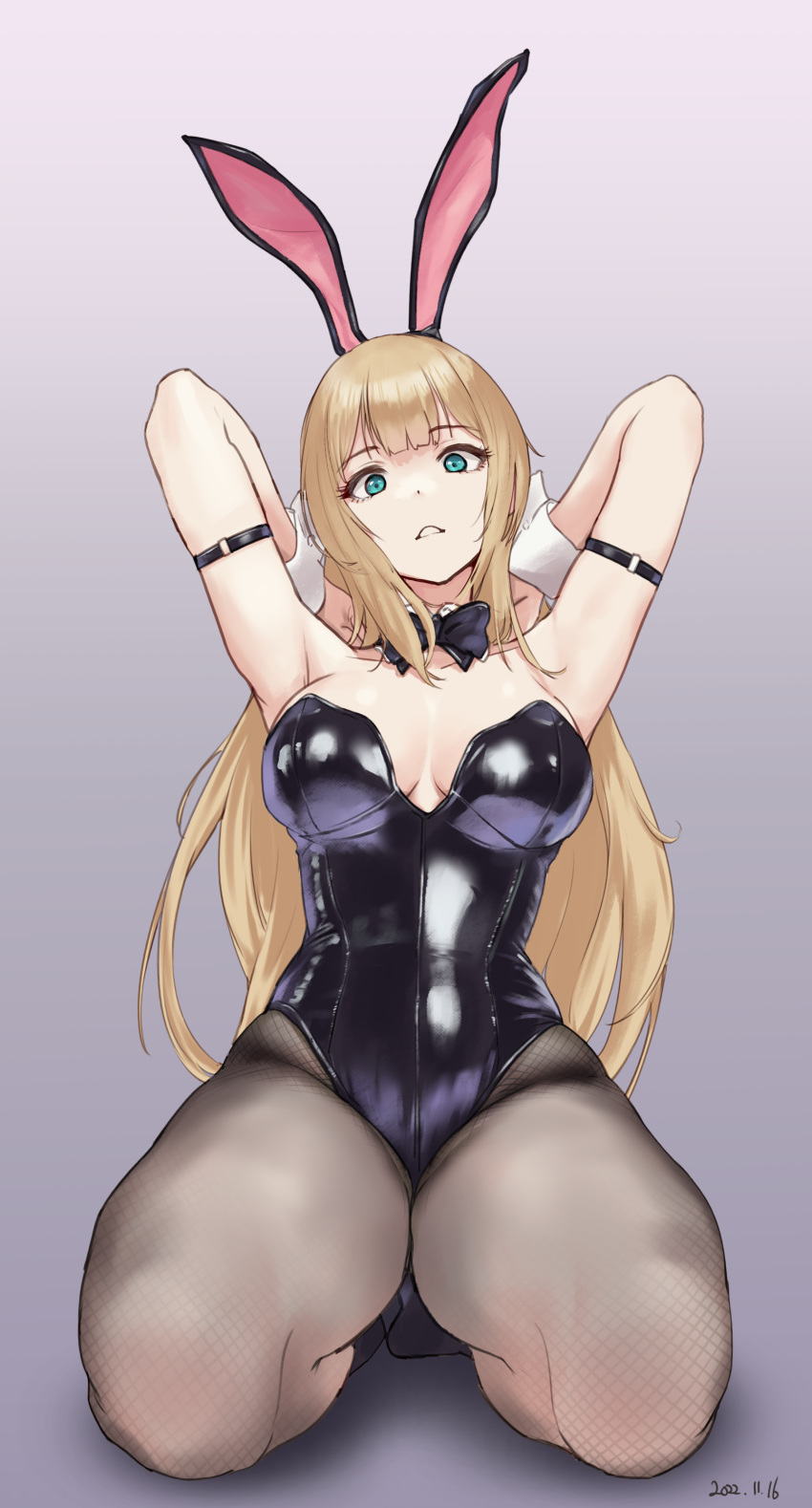 1girl absurdres animal_ears arm_strap arms_up black_bow black_bowtie black_leotard black_pantyhose blonde_hair blue_eyes bow bowtie breasts commentary_request dated detached_collar full_body gradient_background highres jinmeii large_breasts leotard long_hair looking_at_viewer original pantyhose playboy_bunny rabbit_ears seiza shiny_clothes simple_background sitting sleeves_past_wrists solo strapless strapless_leotard very_long_hair