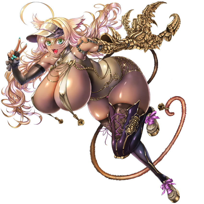 1:1 animal_humanoid armor bell_on_tail big_breasts blonde_hair breasts brown_body brown_skin cat_humanoid claws clothed clothing dark_body dark_skin digital_media_(artwork) eden's_ritter_grenze felid felid_humanoid feline feline_humanoid female footwear gauntlets gloves gold_claws gold_clothing gold_weapon green_eyes hair handwear hat headgear headwear hi_res high_heels huge_breasts humanoid legwear mammal mammal_humanoid meow_mao_(eden's_ritter_grenze) naglfar panties pink_clothing pink_panties pink_underwear purple_clothing purple_legwear purple_thigh_highs simple_background solo teal_nails thick_thighs thigh_highs underwear visor visor_cap white_background