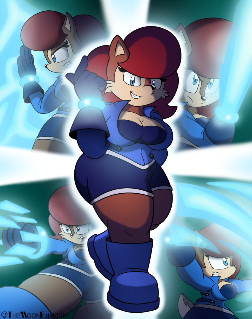 2023 absurd_res anthro archie_comics big_breasts big_butt biped black_nose blue_bottomwear blue_clothing blue_gloves blue_handwear blue_shorts bottomwear breasts brown_body brown_hair butt cheek_tuft chipmunk cleavage clenched_teeth clothed clothing countershade_face countershade_tail countershade_torso countershading curvy_figure facial_tuft female front_view gloves glowing ground_squirrel hair handwear hi_res holding_object holding_weapon hybrid looking_at_viewer mammal multicolored_body multiple_scenes pose rodent sally_acorn sciurid sega shadowwalk short_stack short_tail shorts smile solo sonic_the_hedgehog_(archie) sonic_the_hedgehog_(comics) sonic_the_hedgehog_(series) standing tail teeth thick_thighs tight_clothing tree_squirrel tuft two_tone_body weapon white_body