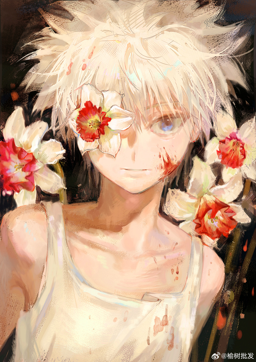 1boy absurdres blood blood_on_face blue_eyes closed_mouth floral_background flower flower_over_eye flower_request highres hunter_x_hunter killua_zoldyck looking_at_viewer male_focus painterly parted_lips short_hair skinny solo spiked_hair tank_top upper_body white_hair white_tank_top yu_333o