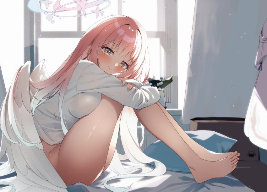 1girl barefoot bed blue_archive blush bottomless breast_press breasts feathered_wings flower gradient_hair halo hato_haru indoors large_breasts long_hair long_sleeves looking_at_viewer mika_(blue_archive) multicolored_hair naked_shirt on_bed pink_hair shirt sitting smile solo very_long_hair white_flower white_shirt white_wings window wings