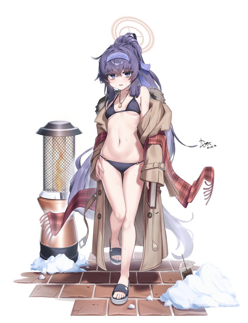 1girl absurdres bikini black_bikini black_hair blue_archive blush breasts brown_jacket di_le_to full_body hairband halo highres jacket jewelry long_hair long_sleeves navel official_alternate_costume open_mouth pendant purple_eyes purple_hairband small_breasts solo swimsuit ui_(blue_archive) ui_(swimsuit)_(blue_archive) yellow_halo