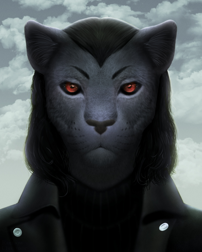 anthro cloud demon evil_eyes felid feline feline_demon hair hi_res jack_oggstrosse_(jasonvuk666) long_hair male mammal pantherine rainbow_chromatic red_eyes simple_background solo