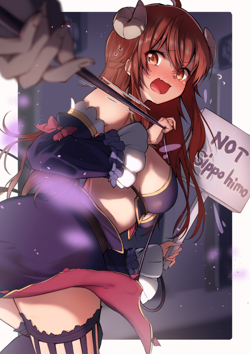 1girl ahoge ass belt blurry blurry_background blurry_foreground blush breasts brown_belt brown_eyes brown_hair cape commentary curled_horns demon_horns demon_tail detached_sleeves fang flying_sweatdrops from_behind from_side highres holding holding_sign horns kootee-on large_breasts long_hair long_sleeves looking_at_viewer looking_back machikado_mazoku nose_blush open_mouth purple_cape revealing_clothes romaji_text sign skin_fang solo_focus tail tail_pull thighhighs thighs translated twisted_torso waist_cape wavy_hair yoshida_yuuko_(machikado_mazoku)