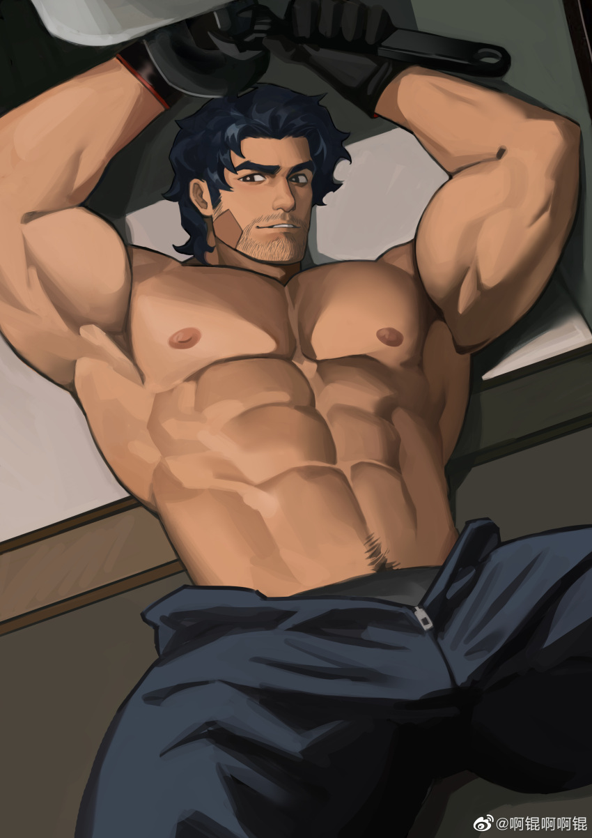 1boy abs absurdres akunaakun_(kunkun586586) armpits bandaid bandaid_on_cheek bandaid_on_face bara biceps black_hair blue_hair check_copyright copyright_request dark-skinned_male dark_blue_hair dark_skin facial_hair goatee highres holding holding_wrench large_pectorals long_sideburns looking_at_viewer lying male_focus mature_male mechanic muscular muscular_male mustache navel_hair nipples on_back original pectorals seductive_smile short_hair sideburns smile solo spread_legs stomach stubble thick_eyebrows topless_male unzipped wrench