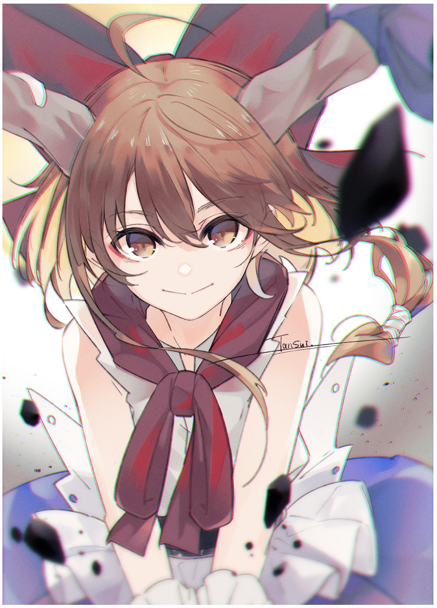 1girl ahoge border bow bowtie brown_eyes brown_hair brown_horns chromatic_aberration closed_mouth commentary_request cowboy_shot flat_chest hair_between_eyes hair_bow highres horn_bow horn_ornament horns ibuki_suika long_hair looking_at_viewer low-tied_long_hair medium_bangs o_(crazyoton46) purple_bow purple_skirt red_bow red_bowtie rock shirt signature skirt sleeveless sleeveless_shirt smile solo split_mouth touhou white_border white_shirt wrist_cuffs