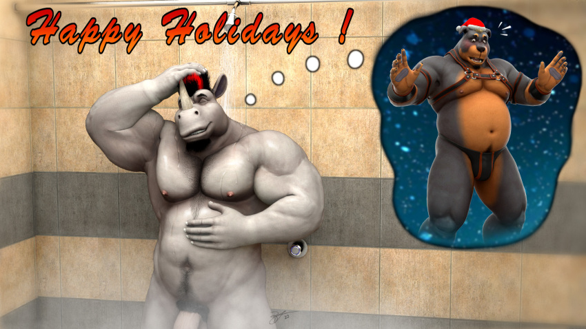 2020 abs anthro belly biceps black_body black_fur black_hair blush body_hair braford brown_body brown_fur canid canine canis chest_hair christmas chuck_(braford) clothing dated domestic_dog duo english_text facial_hair faucet fur goatee grey_body grey_skin hair hand_in_hair happy_holidays harness hi_res holidays julian_(braford) male mammal mastiff molosser musclegut navel new_year_2020 nipples nude pawpads pecs pictographics pubes red_hair rhinoceros rottweiler shower signature snow snowing steam surprised_expression text thong thought_bubble tile tile_wall touching_hair triceps underwear wall_(structure) wet wet_body wet_skin wristband