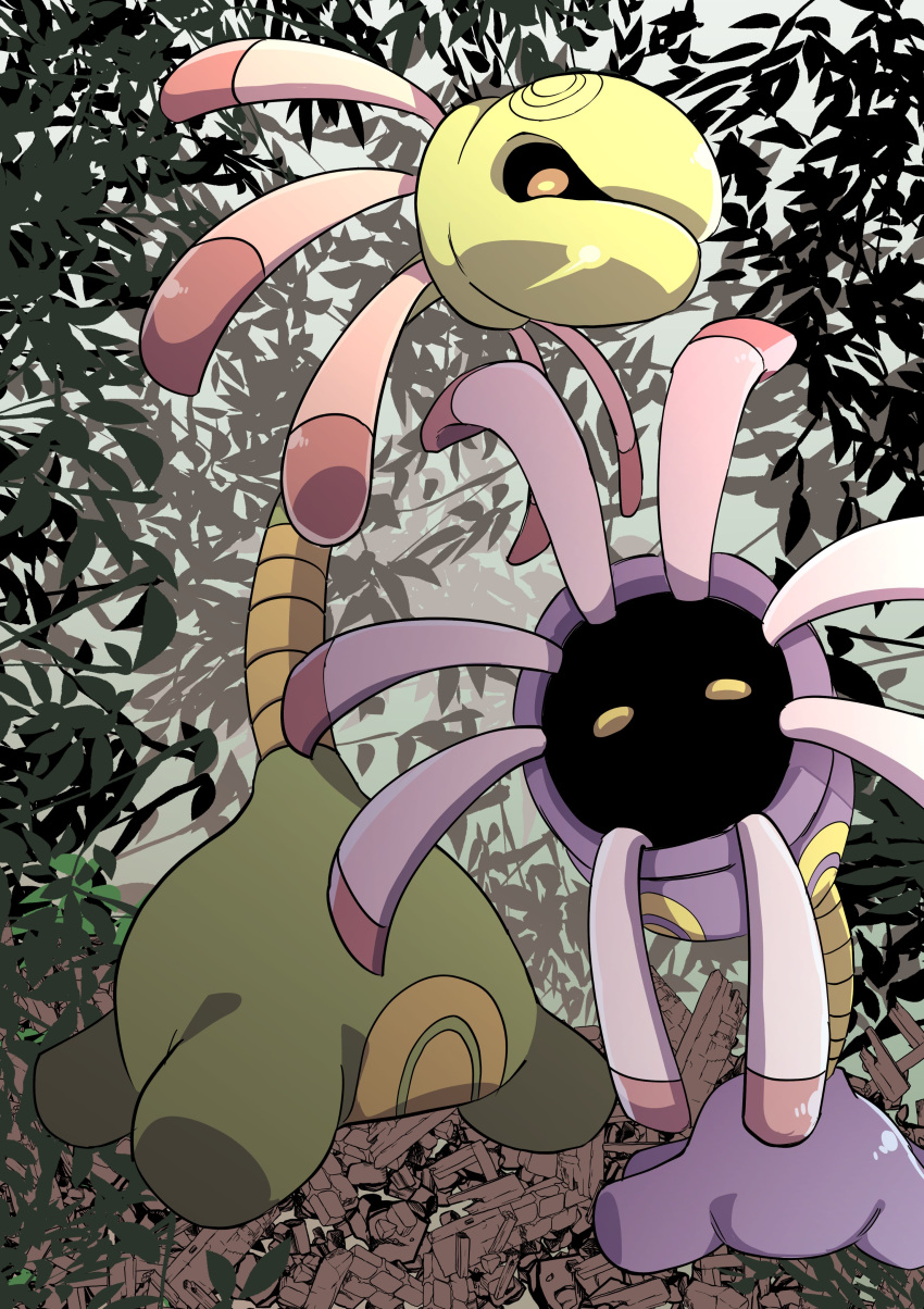 absurdres cradily evolutionary_line expressionless forest grass highres lileep looking_at_viewer nature nintendo no_humans pokemon pokemon_(creature) simple_background solo tentacles tree uranosaxia yellow_eyes