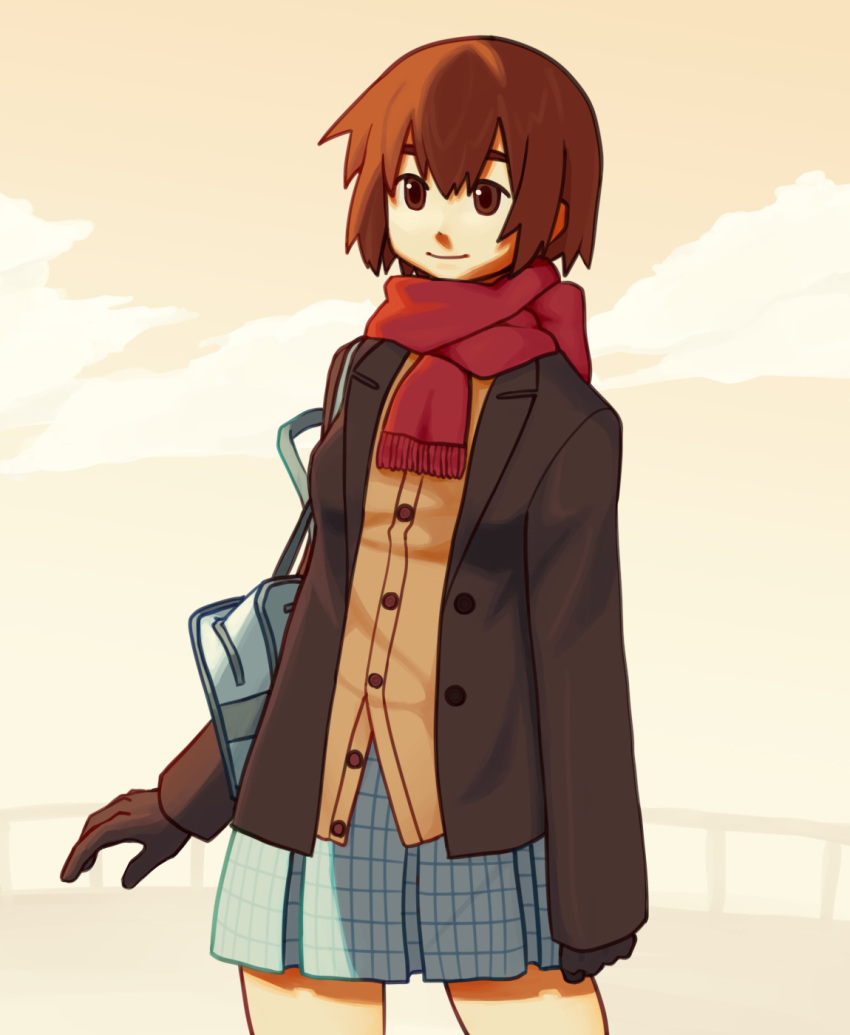 1girl ayase_fuuka bag blue_skirt brown_eyes brown_gloves brown_hair brown_jacket closed_mouth cowboy_shot gloves highres jacket long_sleeves plaid plaid_skirt pleated_skirt red_scarf scarf school_bag shirt short_hair skirt smile solo standing yellow_shirt yotsubato!