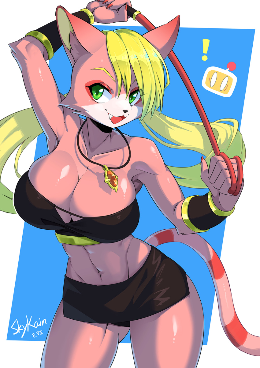 abstract_background anthro armband big_breasts blonde_hair bomberman bomberman_(species) bottomwear breast_squish breasts clothed clothing exclamation_point felid feline female floating_head fur glistening glistening_body green_eyes hair hi_res huge_breasts jewelry long_hair mammal microskirt miniskirt natia necklace open_mouth painted_claws pink_body pink_fur sharp_teeth skimpy skirt skykain smile solo squish teeth topwear tube_top whip wide_eyed wide_hips