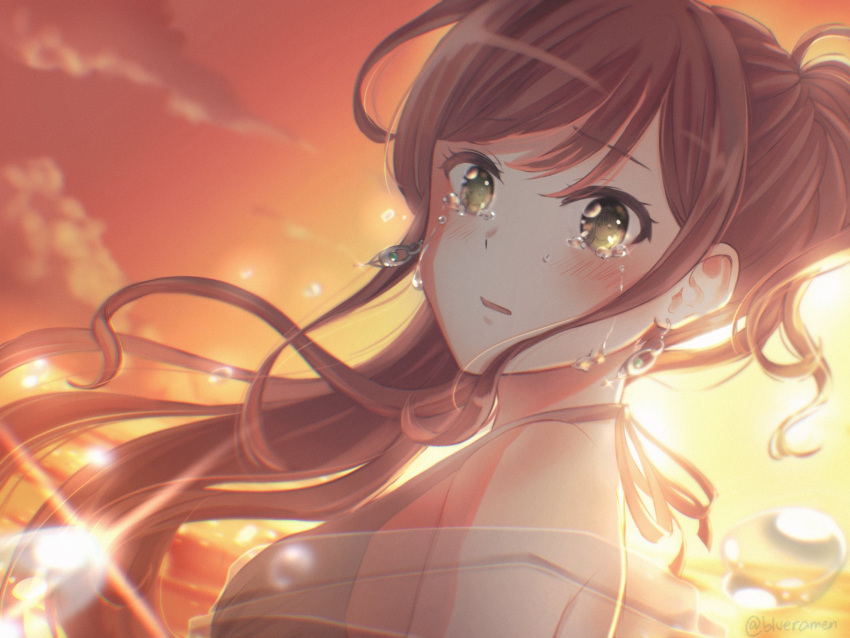 2girls bang_dream! blush brown_hair commentary_request crying dress earrings eye_reflection green_eyes grey_dress highres imai_lisa jewelry light_rays long_hair looking_at_another minato_yukina multiple_girls orange_sky ponytail pov reflection sky wavy_hair xin_(blueramen)