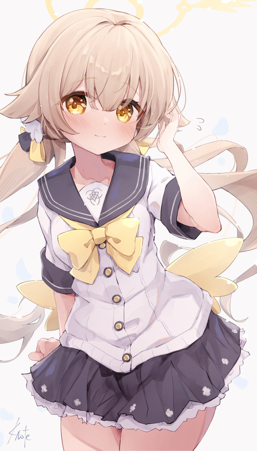 1girl absurdres blue_archive blush duplicate e-note hair_between_eyes halo hifumi_(blue_archive) highres light_brown_hair long_hair low_twintails ribbon school_uniform skirt smile solo twintails wing_hair_ornament yellow_eyes yellow_halo yellow_ribbon