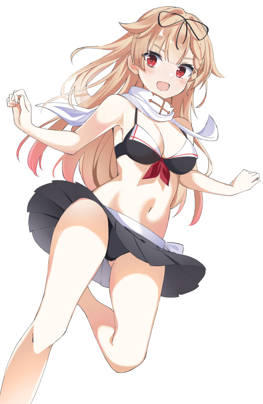 1girl absurdres bare_arms bare_legs bikini black_bikini blonde_hair blush breasts fathom hair_ornament hair_ribbon hairclip highres kantai_collection long_hair medium_breasts navel open_mouth red_eyes red_ribbon ribbon scarf simple_background smile solo swimsuit white_background white_scarf yuudachi_(kancolle) yuudachi_kai_ni_(kancolle)