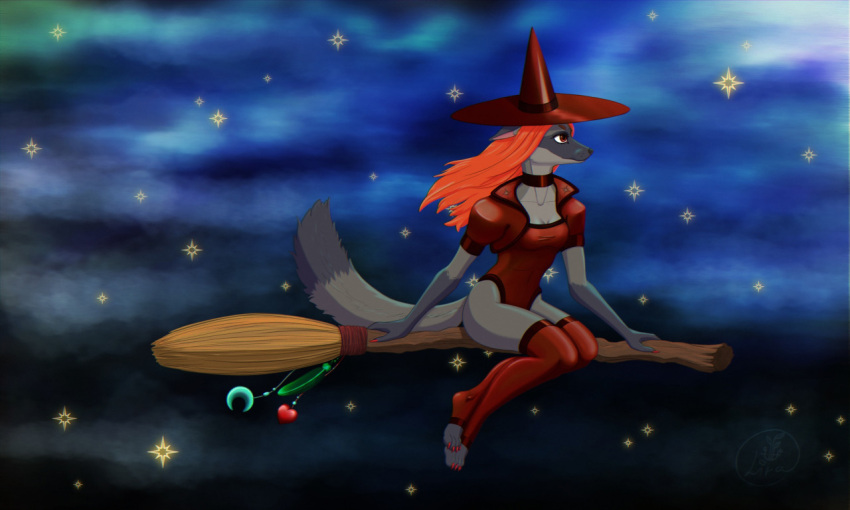 anthro breasts broom broom_riding brown_eyes canid canine claws cleaning_tool clothing colored_nails female flying_broom fox fur grey_body grey_fur hair hat headgear headwear jewelry legwear liramiraeta magic mammal nails necklace night orange_hair red_claws red_clothing red_fox red_hair red_jewelry red_legwear red_nail_polish red_nails red_necklace red_stockings side_boob silver_fox sitting_on_object solo stockings tykovka witch_costume witch_hat
