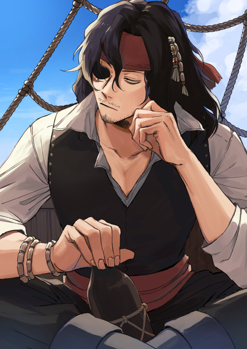 1boy bags_under_eyes black_hair black_vest boku_no_hero_academia bracelet closed_mouth collarbone cosplay eraser_head_(boku_no_hero_academia) eyepatch facial_hair fingernails goatee headband highres indian_style jack_sparrow jack_sparrow_(cosplay) jewelry looking_to_the_side male_focus multiple_bracelets mustache outdoors pectoral_cleavage pectorals pirate pirates_of_the_caribbean red_headband rnuyvm rope rum scar scar_across_eye ship_deck shirt sitting solo sparse_stubble vest white_shirt