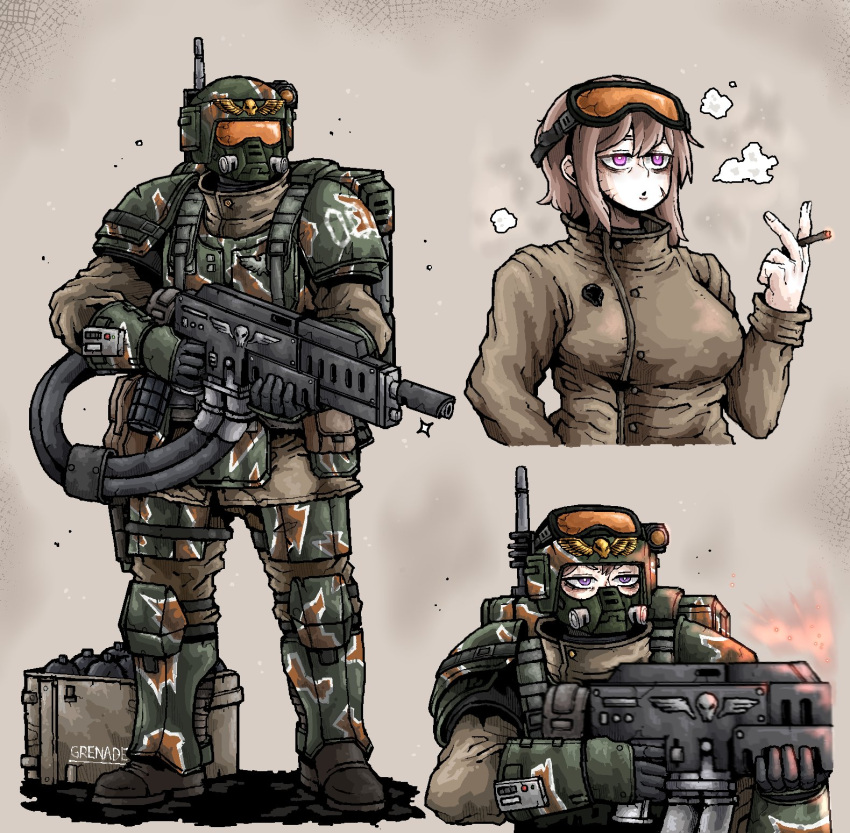 astra_militarum backpack bag boots box breasts brown_hair ekfh4rnrqkq explosive goggles grenade helmet highres kasrkin large_breasts lasgun medium_hair military_uniform pink_eyes skull smoking uniform warhammer_40k