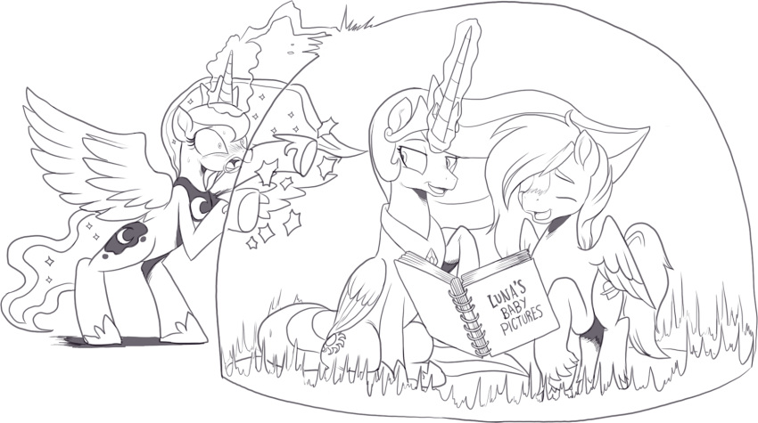 2023 blush book clothing crown cutie_mark equid equine eyelashes fan_character feathered_wings feathers female feral footwear friendship_is_magic fur greyscale group hair hasbro headgear hi_res hooves horn long_hair magic male mammal monochrome my_little_pony nauyaco open_mouth pegasus princess_celestia_(mlp) princess_luna_(mlp) shoes simple_background sitting tail trio tuft winged_unicorn wings