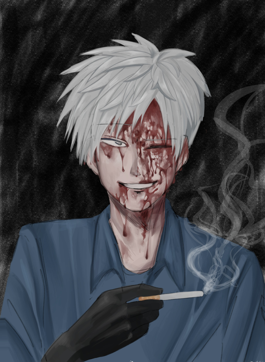 1boy absurdres akagi:_yami_ni_oritatta_tensai akagi_shigeru black_background black_gloves blood blood_drip blood_on_face blue_shirt cigarette collared_shirt commentary_request gloves grey_eyes grin highres holding holding_cigarette looking_at_viewer mahjong male_focus medium_bangs one_eye_closed ouki_neko shirt short_hair smile smoke smoking solo upper_body white_hair