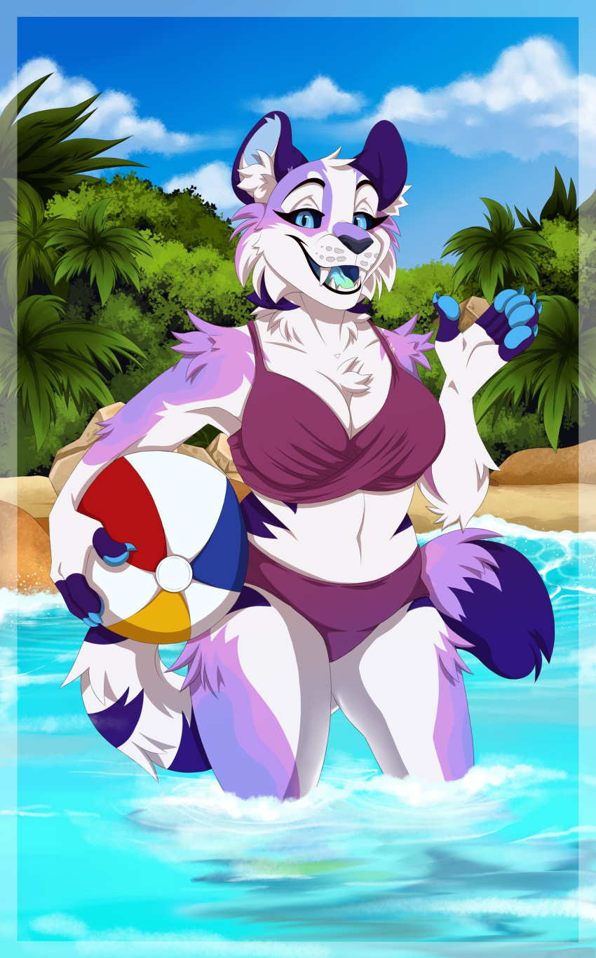 absurd_res anthro ball beach beach_ball bikini black_sclera chubby_female clothing fangs felid female fluffy hi_res holding_beach_ball inflatable looking_at_viewer mammal multicolored_tongue overweight overweight_female pantherine pawpads saber-toothed_tiger sabertooth_(anatomy) seaside shilohyeen slightly_chubby smilodon snow_leopard solo stripes swimwear teeth tiger tongue zeta_(arcticsnowfex)