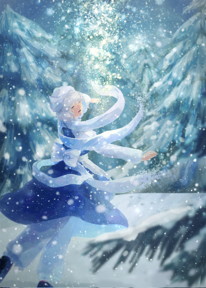 1girl blue_dress blue_skirt branch closed_eyes dress footprints forest highres leaf letty_whiterock long_sleeves medium_hair nature open_mouth pine_tree plant ribbon ribbon_trim scarf shee_take shirt skirt snow snowflakes snowing solo touhou tree white_hair white_headwear white_ribbon white_scarf white_shirt