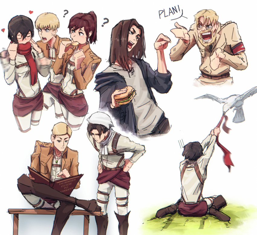 2girls 5boys ? absurdres armin_arlert bird blonde_hair blush book boots brown_hair collage english_text eren_yeager erwin_smith flying glasses head_scarf highres holding holding_book leaning_forward levi_(shingeki_no_kyojin) mikasa_ackerman multiple_boys multiple_girls paradis_military_uniform parody potato reading sasha_braus shingeki_no_kyojin shy stephengiannart survey_corps_(emblem) teasing tug_of_war turn_pale zeke_yeager