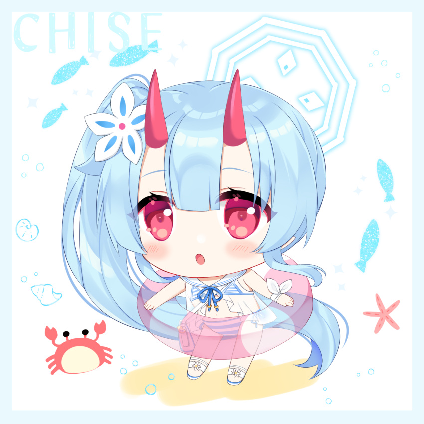 1girl :o bare_arms bikini bikini_under_clothes blue_archive blue_border blue_hair blush border character_name chibi chise_(blue_archive) chise_(swimsuit)_(blue_archive) colored_shadow conch crab fish flower full_body hair_between_eyes hair_flower hair_ornament halo highres horns innertube long_hair looking_at_viewer oni oni_horns parted_lips red_eyes sailor_collar sandals see-through shadow shikito side_ponytail simple_background solo starfish striped striped_bikini swimsuit transparent very_long_hair white_background white_flower white_footwear white_sailor_collar