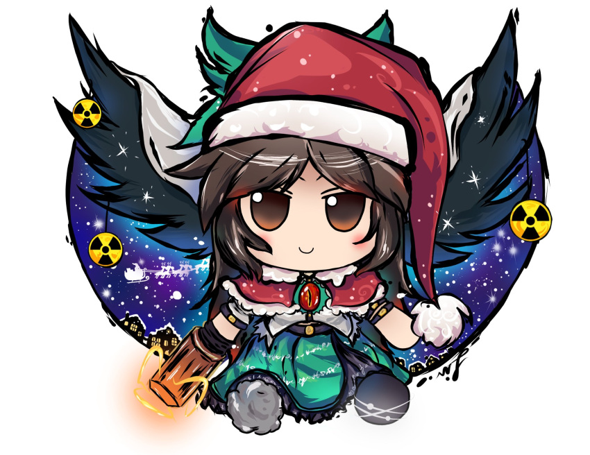 arm_cannon asymmetrical_footwear bird_wings black_wings bow cape capelet caution christmas fur-trimmed_capelet fur_trim green_bow green_skirt hair_bow hat highres lis_(lislisette) mismatched_footwear radiation_symbol reindeer reiuji_utsuho santa_claus santa_hat skirt sleigh third_eye touhou weapon wings