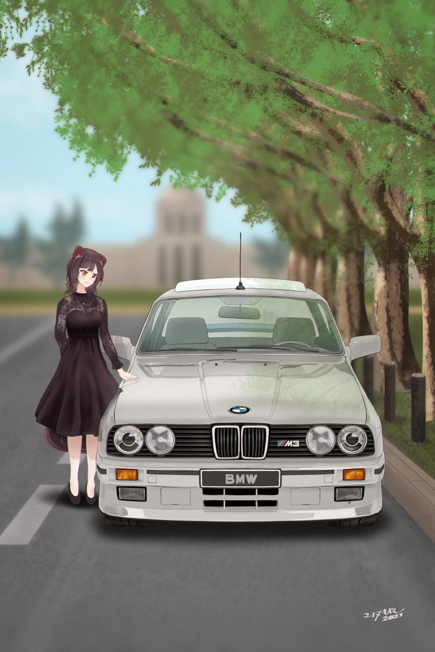 1girl 217moyashi absurdres animal_ears black_dress black_footwear blurry blurry_background bmw bmw_m3 brown_eyes brown_hair car dog_ears dog_girl dog_tail dress heterochromia highres inui_toko inui_toko_(5th_costume) looking_down medium_hair motor_vehicle nijisanji official_alternate_costume red_eyes road shadow socks solo tail tree vehicle_focus vehicle_name virtual_youtuber white_socks