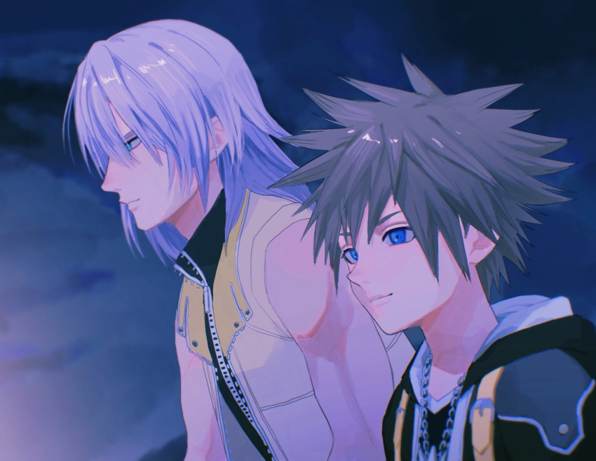 2boys black_jacket black_shirt blue_eyes blue_hair brown_hair buckle chain_necklace cloud cloudy_sky dawn determined high_collar highres hood hood_down hooded_jacket jacket jewelry kingdom_hearts kingdom_hearts_ii light_blue_hair light_smile male_focus medium_hair messy_hair multiple_boys muscular necklace night night_sky open_clothes open_jacket purple_hair riku_(kingdom_hearts) shirt short_hair sky sleeveless sleeveless_jacket sleeveless_shirt smile sora_(kingdom_hearts) spiked_hair tdmmt_r yellow_jacket