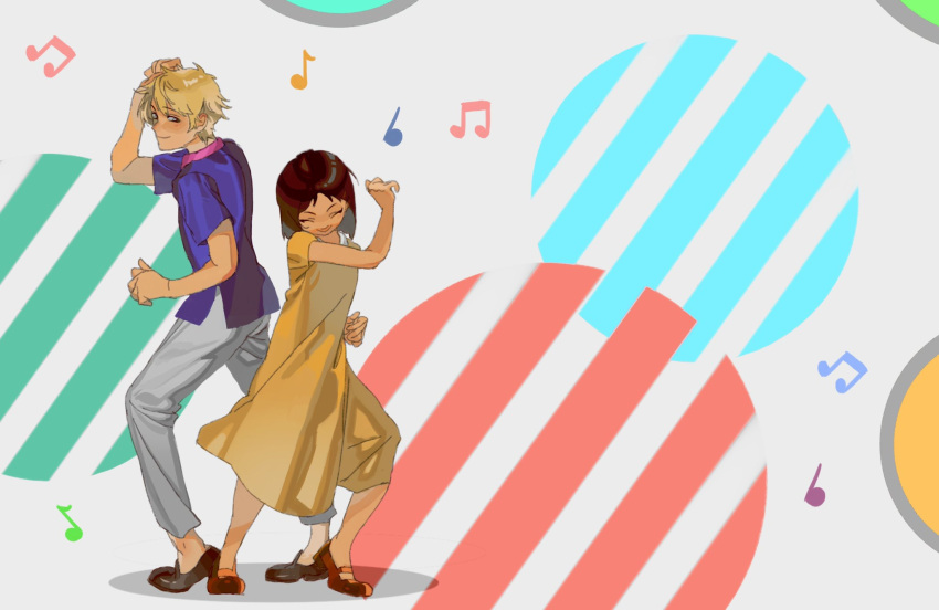 1boy 1girl blonde_hair blue_shirt bob_cut brown_footwear brown_hair closed_eyes collared_shirt dancing dress full_body highres iwakura_mitsumi kengyou_lei musical_note pants shima_sousuke shirt short_hair skip_to_loafer smile white_pants yellow_dress