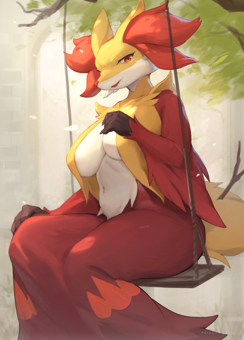 anthro big_breasts biped branch breasts delphox female fur generation_6_pokemon hi_res looking_at_viewer nintendo outside plant pokemon pokemon_(species) red_body red_eyes red_fur shian sitting smile solo swing tree white_body white_fur yellow_body yellow_fur