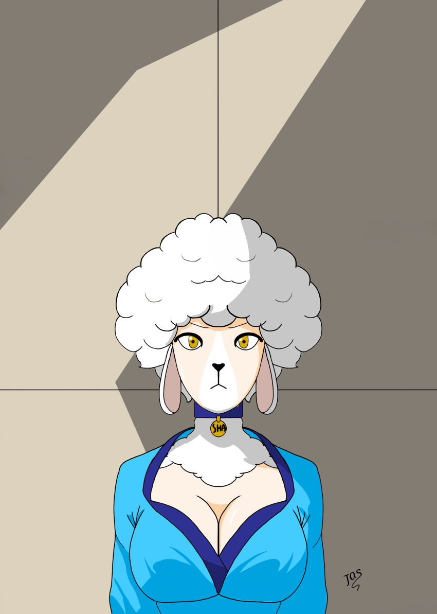 absurd_res accessory against_surface against_wall age_difference angry anthro anuvisur_(artist) big_breasts bovid breasts caprine clothed clothing collar digital_media_(artwork) dress female fluffy fluffy_hair fur hair hi_res huge_breasts looking_at_viewer machine mammal robot sha_(twf) sheep simple_background solo the_walten_files topwear white_body white_fur wool_(fur) yellow_eyes young younger_female