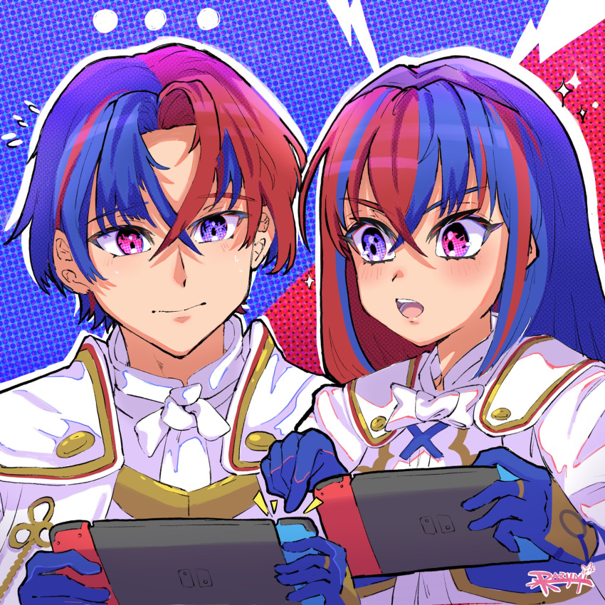 1boy 1girl alear_(female)_(fire_emblem) alear_(fire_emblem) alear_(male)_(fire_emblem) blue_eyes blue_hair braid crossed_bangs crown_braid fire_emblem fire_emblem_engage heterochromia highres multicolored_hair nintendo_switch rarumi9 red_eyes red_hair split-color_hair tiara two-tone_hair