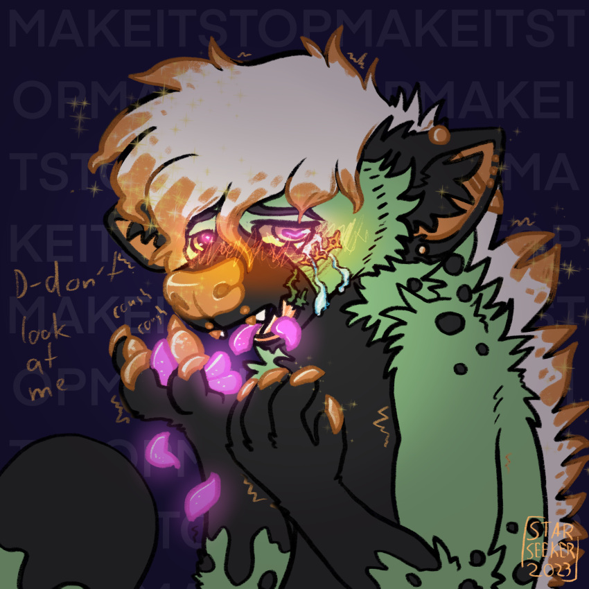 &lt;3 &lt;3_eyes anthro cough domestic_cat felid feline felis glitter hanahaki_disease hi_res hybrid hyena love lovesick male mammal niven petals piercing shaking solo starseeker trans_(lore) trans_man_(lore)