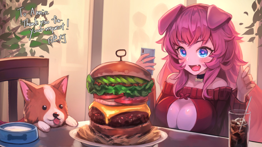 1girl animal_ears bare_shoulders blue_eyes blush bowl breasts burger cellphone cleavage colored_skin commission cup dog dog_ears dog_girl drinking_glass fang food hakusyokuto heart heart-shaped_pupils highres large_breasts long_hair long_sleeves off-shoulder_sweater off_shoulder open_mouth original pet_bowl phone pink_hair pink_skin red_sweater skeb_commission smartphone smile solo sweater symbol-shaped_pupils
