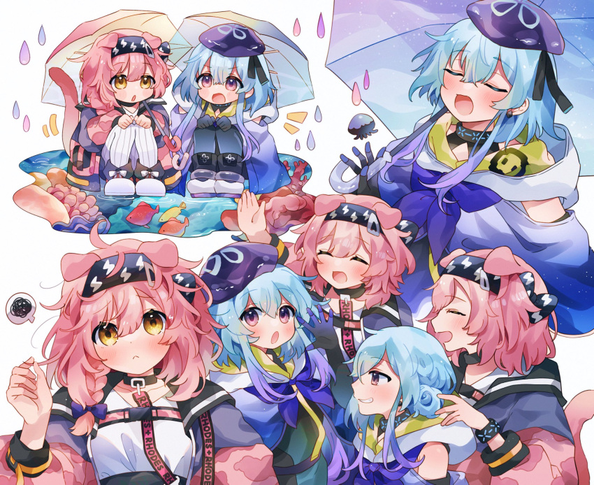 1boy 1girl :&lt; :o alternate_hairstyle animal_ears arknights beret black_gloves black_headband black_ribbon blue_hair blue_headwear blue_umbrella blush braid cape cat_ears cat_tail chibi closed_eyes clothing_cutout commentary coral creator_connection fish from_side full_body gloves goldenglow_(arknights) gradient_hair hair_between_eyes hair_rings hat hat_ribbon headband highres holding holding_umbrella hood hooded_cape infection_monitor_(arknights) jacket jellyfish light_blue_hair lightning_bolt_print long_hair messy_hair mizuki_(arknights) multicolored_hair multiple_views ocean open_clothes open_jacket open_mouth pink_hair pink_umbrella pout purple_eyes purple_hair ribbon shirt short_hair shoulder_cutout side_braid sidelocks simple_background smile spoken_squiggle squatting squiggle symbol-only_commentary tail takumi_mizuki umbrella upper_body water_drop white_background white_footwear white_shirt yellow_eyes