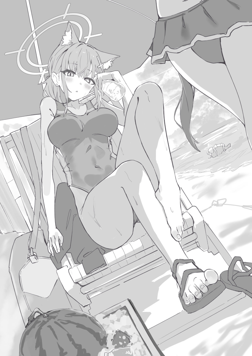 3girls absurdres animal_ear_fluff animal_ears bare_arms bare_legs beach beach_chair beach_umbrella blue_archive bottle breasts cloud competition_swimsuit covered_navel earrings feet greyscale halo head_tilt highres holding holding_bottle hoshino_(blue_archive) hoshino_(swimsuit)_(blue_archive) jewelry kilabo knee_up large_breasts legs lineart looking_at_viewer medium_hair mismatched_pupils monochrome multiple_girls ocean one-piece_swimsuit sand sandals serika_(blue_archive) serika_(swimsuit)_(blue_archive) shiroko_(blue_archive) shiroko_(swimsuit)_(blue_archive) sky solo_focus stud_earrings swimsuit toes umbrella water water_bottle wet wolf_ears wolf_girl