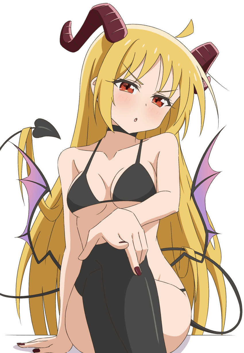 1girl absurdres ahoge black_bra black_choker black_panties black_thighhighs blonde_hair blush bocchi_the_rock! bra breasts choker commentary demon_girl demon_horns demon_tail demon_wings highres horns ijichi_seika large_breasts long_hair looking_at_viewer panties red_eyes red_nails simple_background solo tail thighhighs thundradrawings underwear v-shaped_eyebrows white_background wings